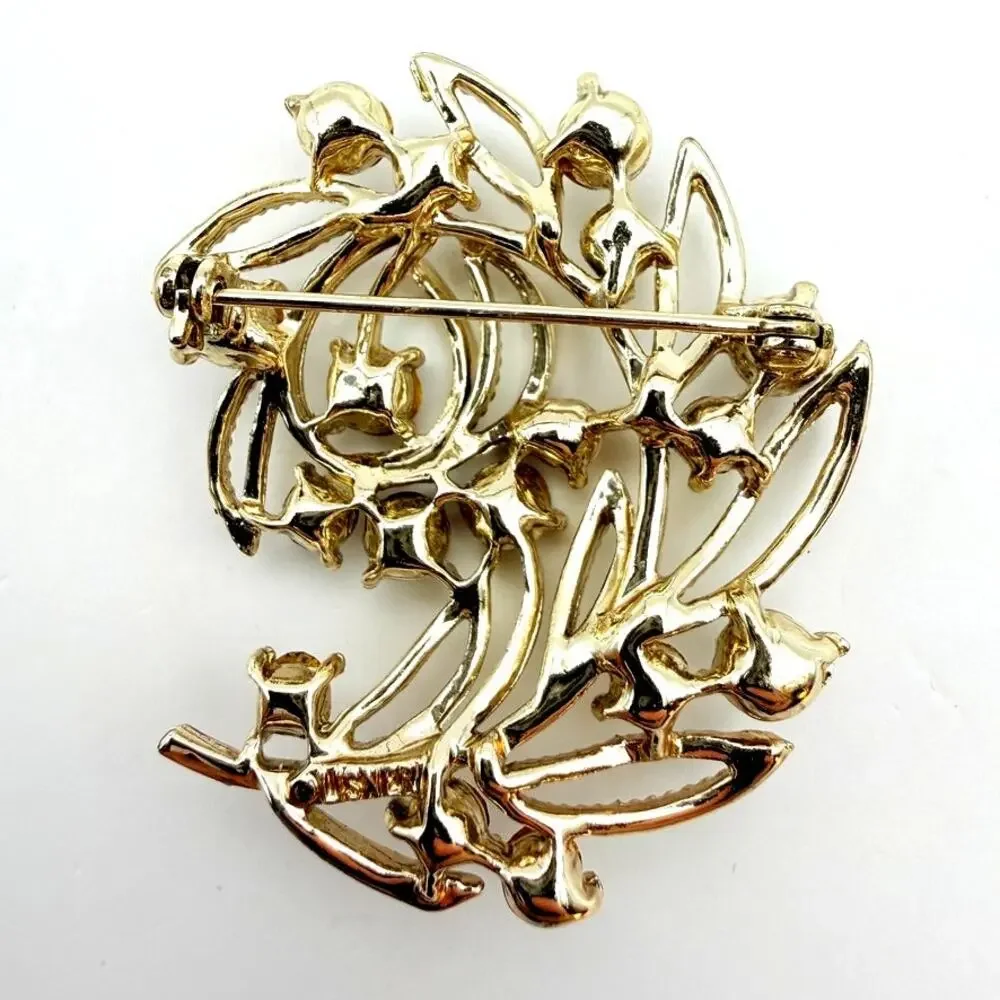 Vtg Signed Lisner MCM Brooch Floral Branch Brown Crystal Rhinestone Gold Tone